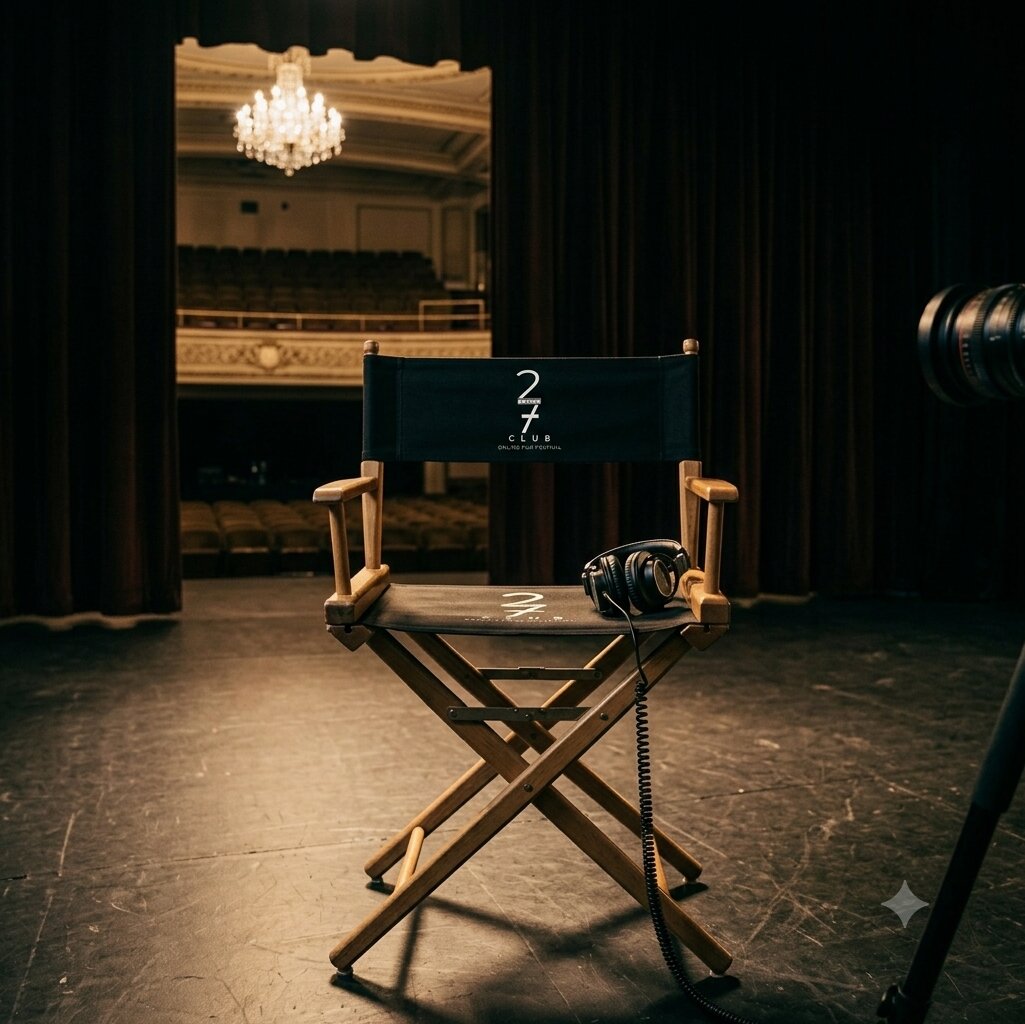Director's chair with 27 Club logo on an empty stage