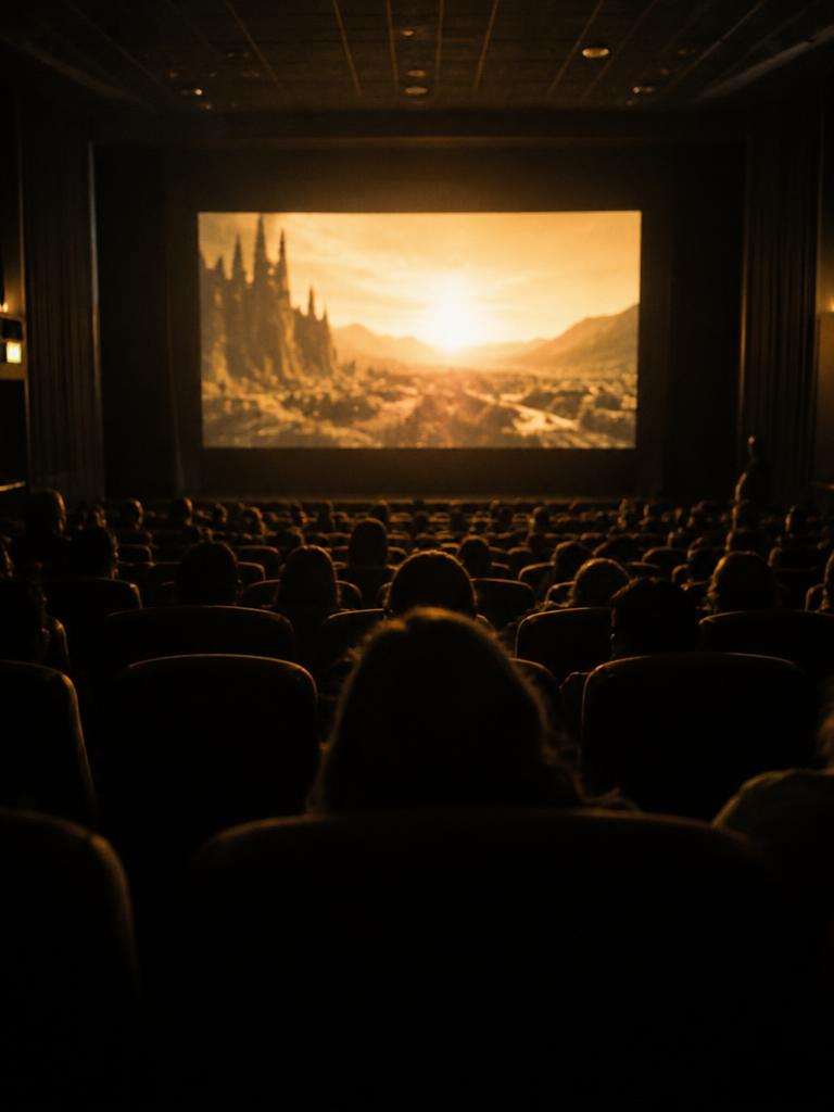 Movie theater audience seen from behind, facing the glowing screen