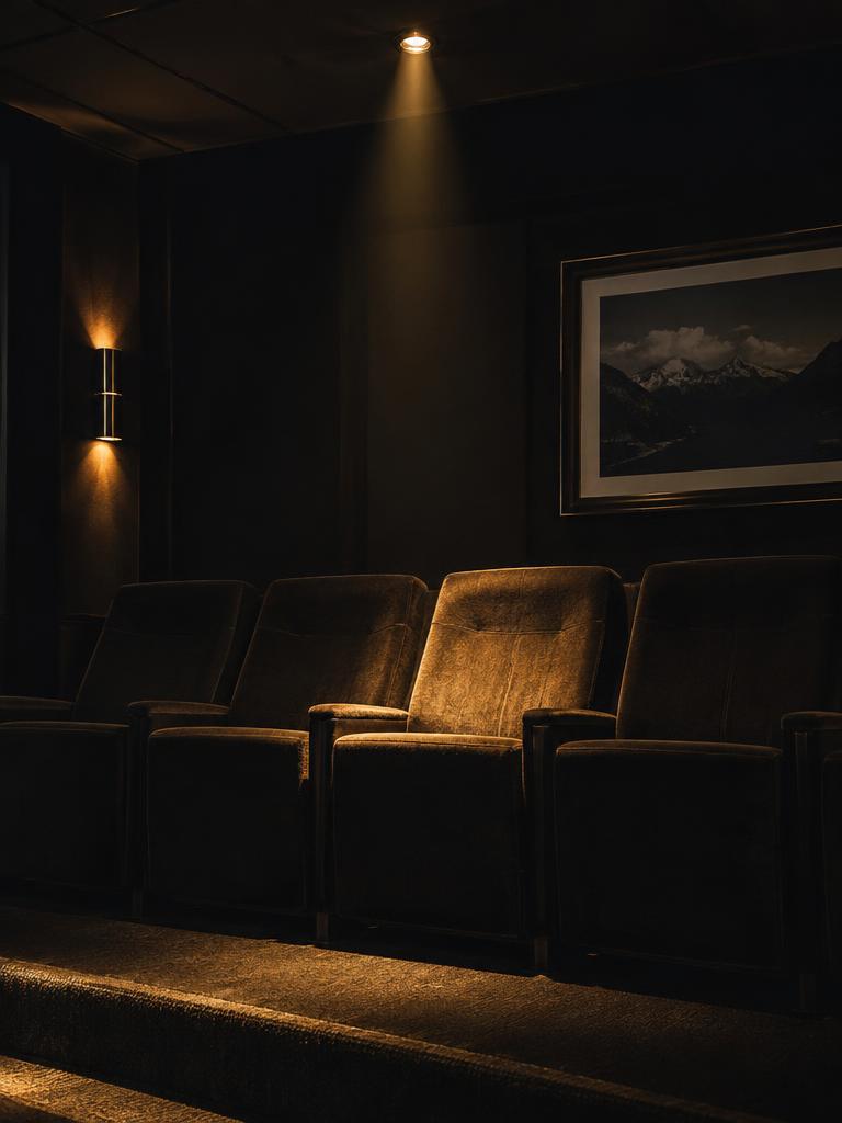 Intimate screening room with a handful of empty velvet seats