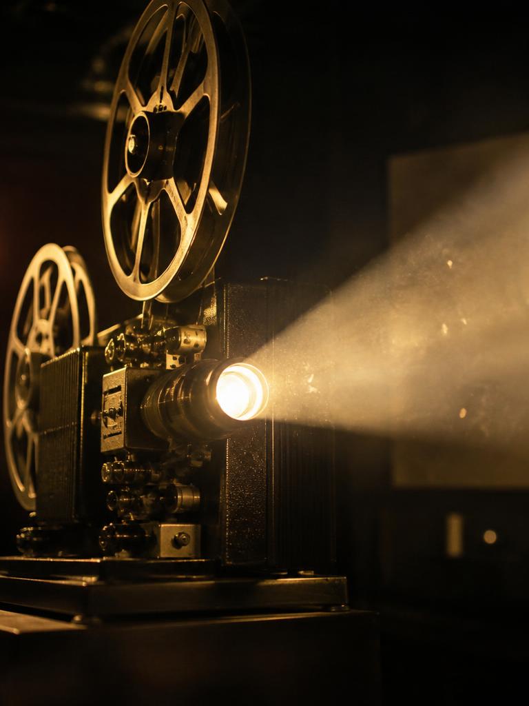 Vintage film projector casting a beam of light in a dark screening room